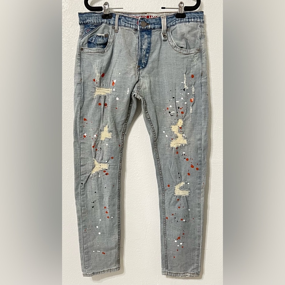 SMUGGLERS MOON SLIM FIT DENIM JEANS - INDIGO Distressed Paint Splatters